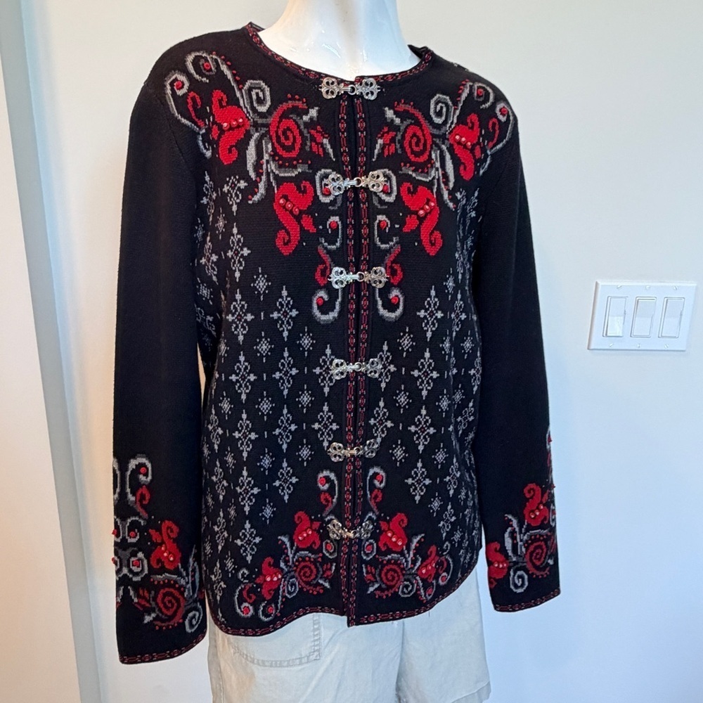 Vtg Casual Corner Cardigan Sweater Nordic Red, Black Ladies Med Made in the UK